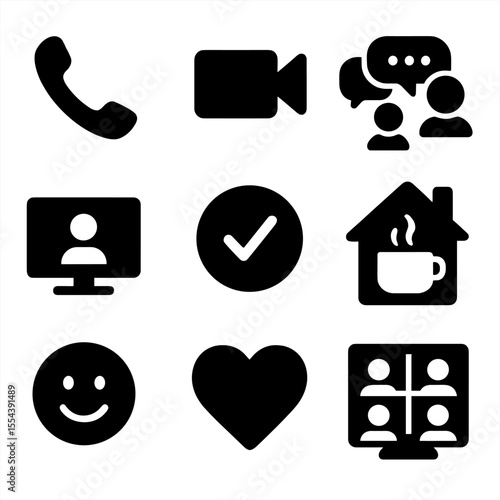 Digital Hangouts Icons. Solid, filled icons set of digital and virtual hangouts: phone icon, video chat, group