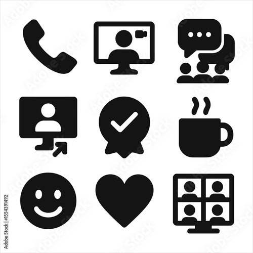 Digital Hangouts Icons. Solid, filled icons set of digital and virtual hangouts: phone icon, video chat, group