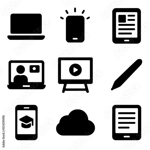 Digital Learning Icons. Solid, filled icons set of digital homeschool tools: laptop icon, tablet glow, e-book