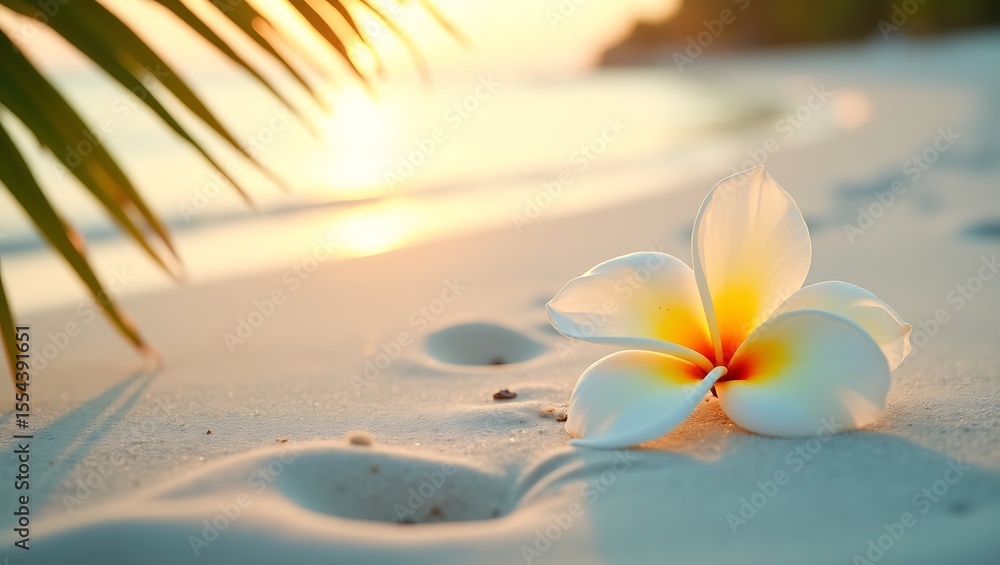 Beautiful plumeria flower on beach sand at sunset for tropical vacation travel and summer holiday Beautiful plumeria flower on beach sand at sunset for tropical vacation travel and summer holiday
