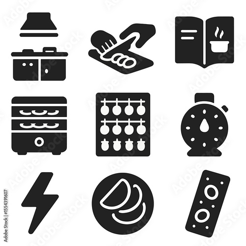 DIY Food Icons. Solid, filled icons set of DIY food projects: home kitchen, hands cutting, recipe book,