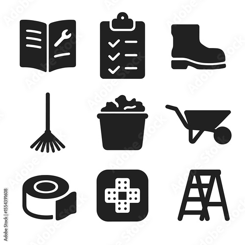 DIY Garden Cleanup Icons. Solid, filled icons set of DIY garden cleanup: instruction manual, tool checklist,