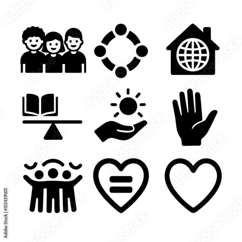 Diverse Homeschool Icons. Solid, filled icons set of homeschooling diversity and inclusion: diverse kids,