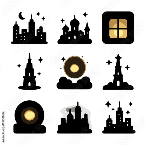 Dreamlike Cityscape Icons. Solid, filled icons set of dreamlike cityscapes and mystic realms: night skyline,