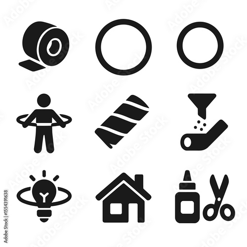 DIY Hula Hoop Icons. Solid, filled icons set of DIY hula hoop making: hoop tape, PVC pipe, connector ring,