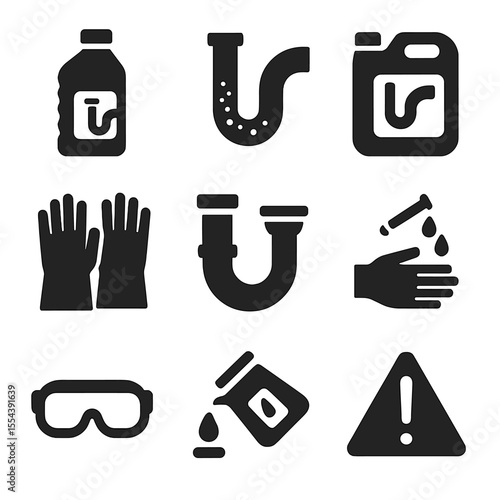 Drain Cleaning Icons. Solid, filled icons set of drain cleaning chemicals: chemical bottle, clogged pipe,