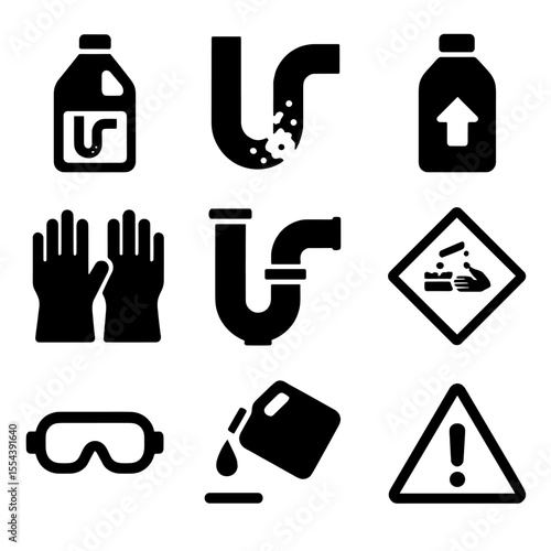 Drain Cleaning Icons. Solid, filled icons set of drain cleaning chemicals: chemical bottle, clogged pipe,