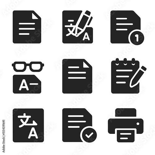 Document Translation Icons. Solid, filled icons set of document translation tasks: paper file, translation pen