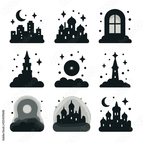 Dreamlike Cityscape Icons. Solid, filled icons set of dreamlike cityscapes and mystic realms: night skyline,