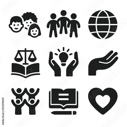 Diverse Homeschool Icons. Solid, filled icons set of homeschooling diversity and inclusion: diverse kids,