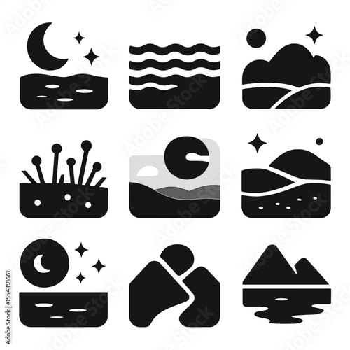 Dreamy Landscapes Icons. Solid, filled icons set of dreamy landscapes: moonlit lake, soft ripples, quiet