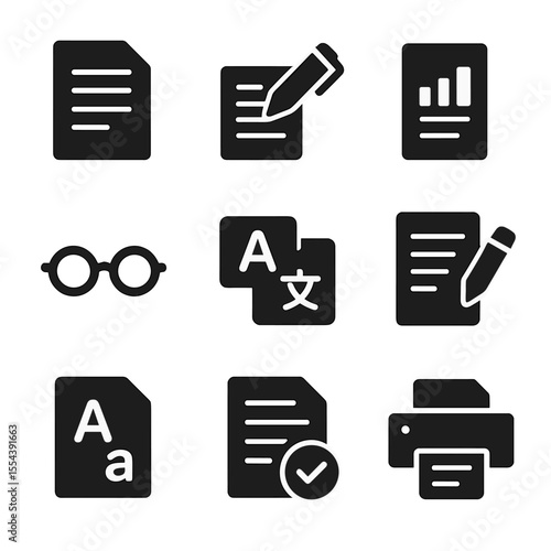 Document Translation Icons. Solid, filled icons set of document translation tasks: paper file, translation pen