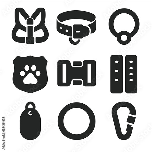 Durable Dog Gear Icons. Solid, filled icons set of durable farm dog gear: working harness, collar loop, leash