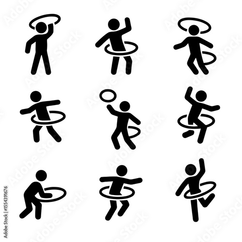Dynamic Hoop Icons. Solid, filled icons set of dynamic hoop tricks: overhead spin, arm swirl, leg roll, quick