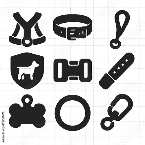 Durable Dog Gear Icons. Solid, filled icons set of durable farm dog gear: working harness, collar loop, leash