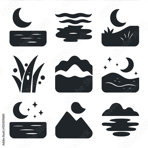 Dreamy Landscapes Icons. Solid, filled icons set of dreamy landscapes: moonlit lake, soft ripples, quiet