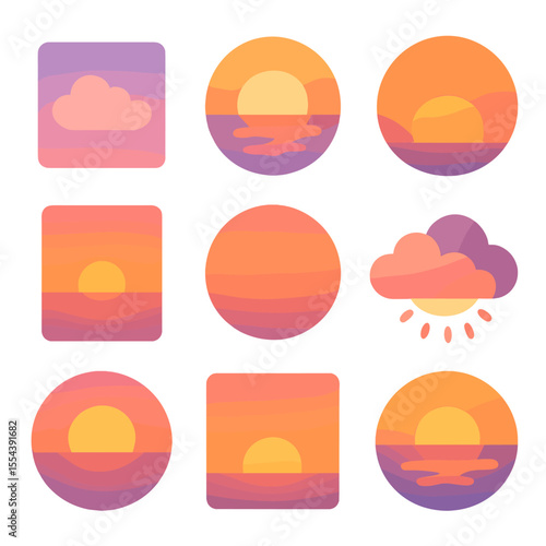 Dreamy Sunset Icons. Solid, filled icons set of dreamy summer sunset moods: pastel sky, golden glow, warm