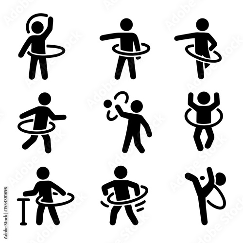 Dynamic Hoop Icons. Solid, filled icons set of dynamic hoop tricks: overhead spin, arm swirl, leg roll, quick
