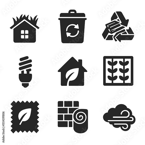 Eco Living Icons. Solid, filled icons set of eco-friendly living: green roof, compost bin, recycled wood,