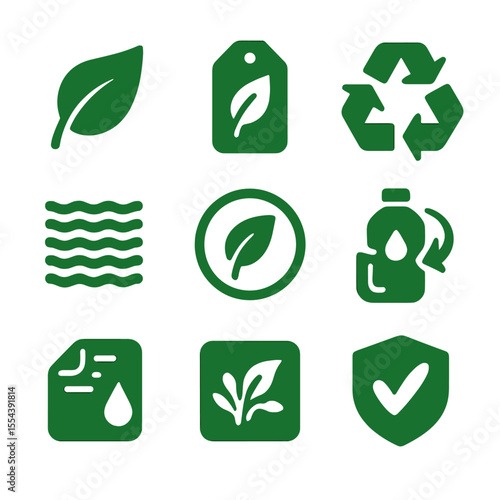 Eco Packaging Icons. Solid, filled icons set of eco-friendly packaging labels: green leaf symbol,