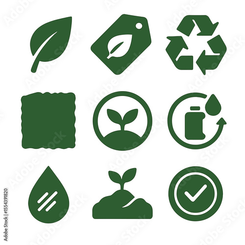 Eco Packaging Icons. Solid, filled icons set of eco-friendly packaging labels: green leaf symbol,