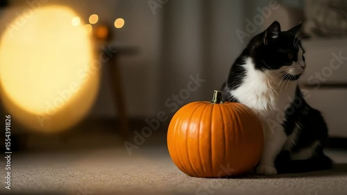 Black and white cat sitting next to a pumpkin in cozy indoor setting  