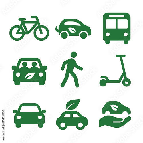 Eco Transportation Icons. Solid, filled icons set of green transportation options: bicycle icon, electric car,