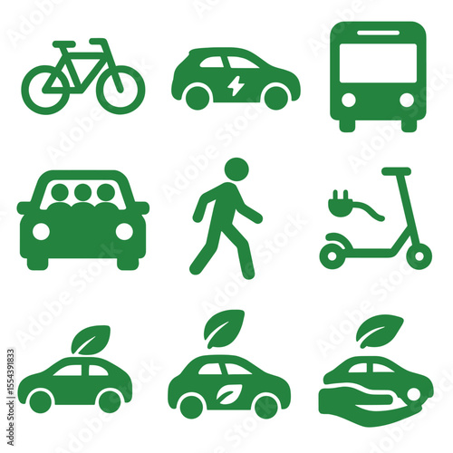 Eco Transportation Icons. Solid, filled icons set of green transportation options: bicycle icon, electric car,