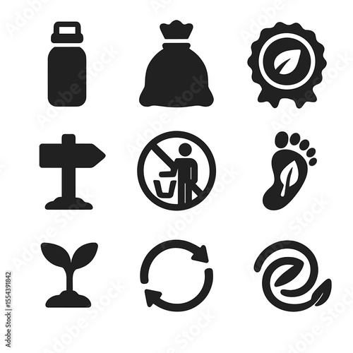 Eco Travel Icons Grid. Solid, filled icons set of eco-friendly travel: reusable bottle, trash bag, eco badge,