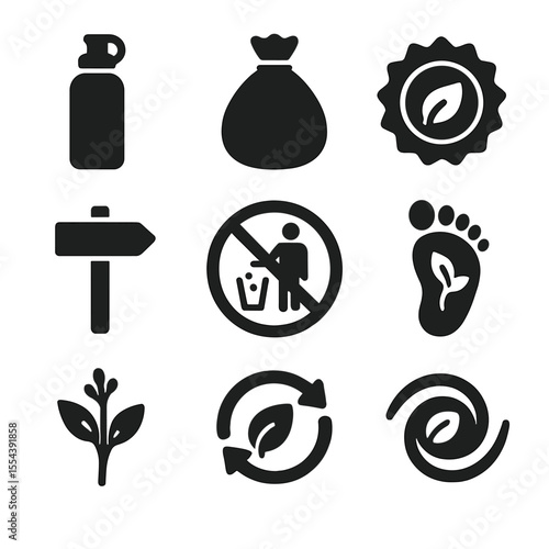 Eco Travel Icons Grid. Solid, filled icons set of eco-friendly travel: reusable bottle, trash bag, eco badge,