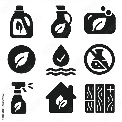 Eco-Friendly Floor Care Icons. Solid, filled icons set of eco-friendly wood floor care: natural cleaner,