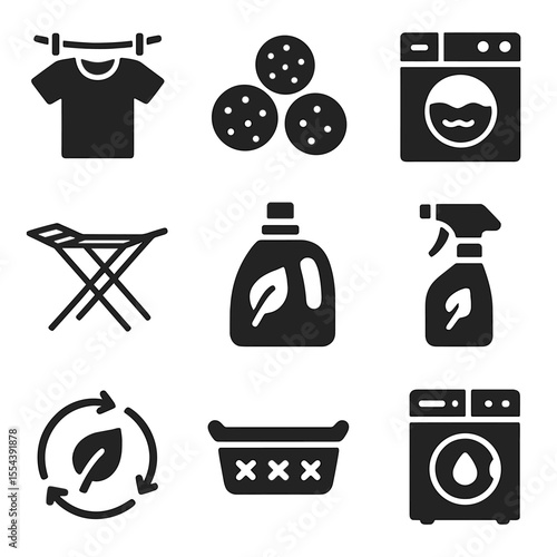 Eco-Friendly Laundry Icons. Solid, filled icons set of eco-friendly laundry: air drying, reusable dryer balls,