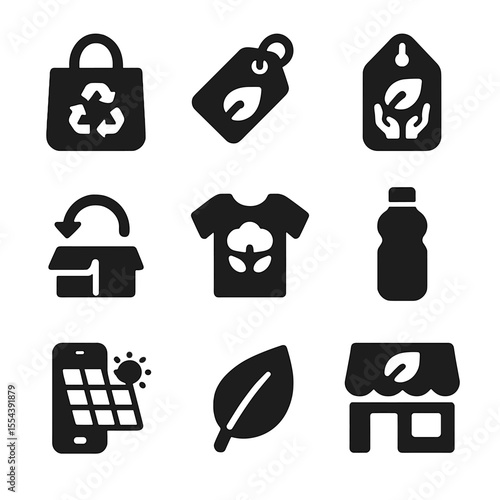 Eco-Friendly Icons Grid. Solid, filled icons set of eco-friendly trade: recycled bag, green product label,