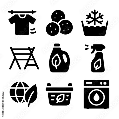 Eco-Friendly Laundry Icons. Solid, filled icons set of eco-friendly laundry: air drying, reusable dryer balls,