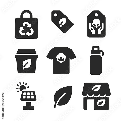 Eco-Friendly Icons Grid. Solid, filled icons set of eco-friendly trade: recycled bag, green product label,