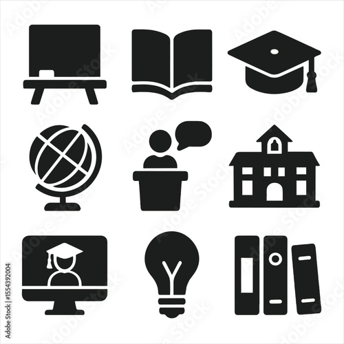 Educational Freedom Icons. Solid, filled icons set of educational freedom: chalkboard, open textbook,