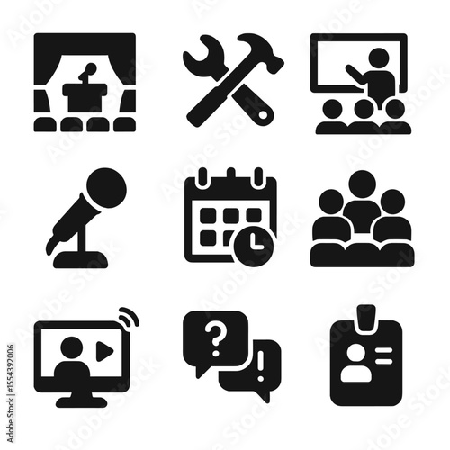 Educational Event Icons. Solid, filled icons set of educational events: conference stage, workshop tools,