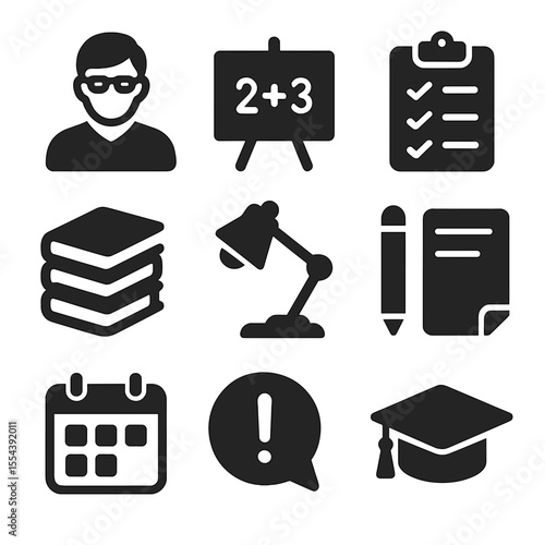 Educational Mentoring Icons. Solid, filled icons set of educational mentoring: tutor, chalkboard, lesson plan,