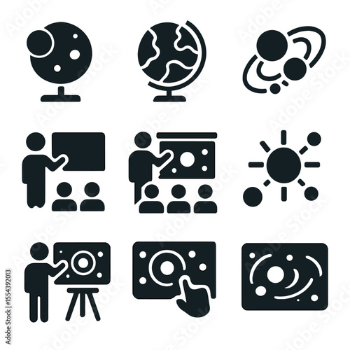 Educational Solar Icons. Solid, filled icons set of educational solar system models: 3D planet model, globe