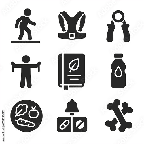 Elder Health Icons. Solid, filled icons set of health and balance for elders: balance beam, posture corrector,