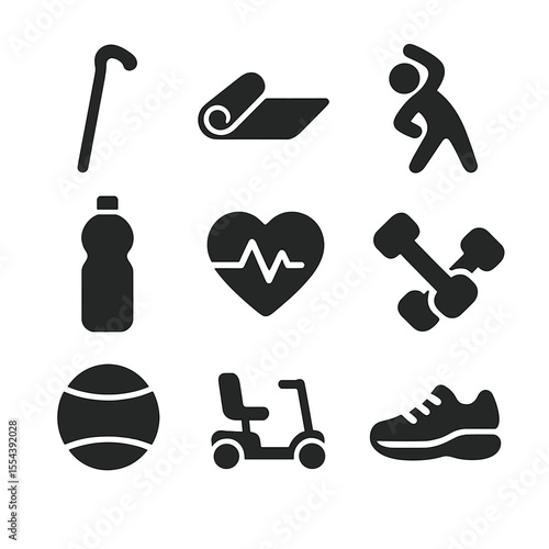Elderly Wellness Icons. Solid, filled icons set of physical wellness for the elderly: walking cane, yoga mat,