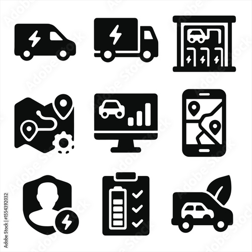 Electric Fleet Icons. Solid, filled icons set of electric fleet transition: delivery van EV, logistics truck