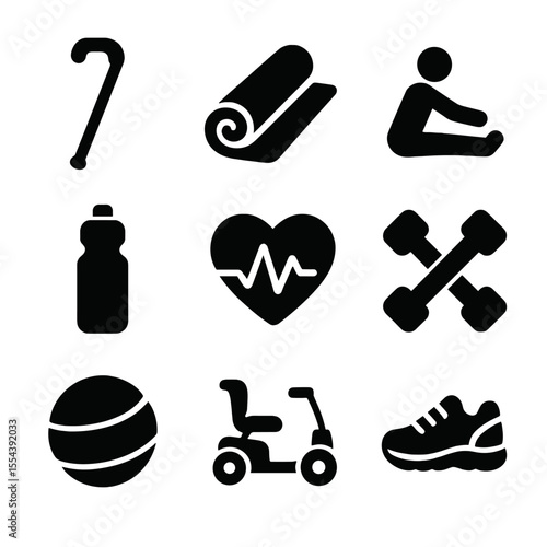 Elderly Wellness Icons. Solid, filled icons set of physical wellness for the elderly: walking cane, yoga mat,