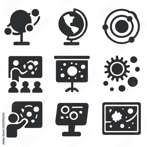 Educational Solar Icons. Solid, filled icons set of educational solar system models: 3D planet model, globe
