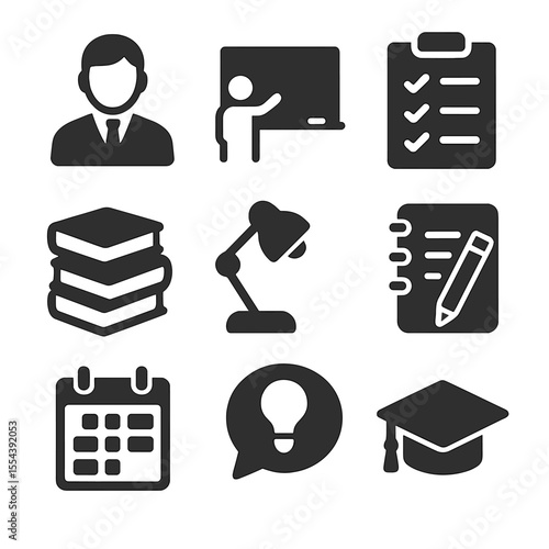 Educational Mentoring Icons. Solid, filled icons set of educational mentoring: tutor, chalkboard, lesson plan,