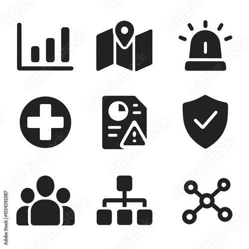Emergency Icon Set. Solid, filled icons set of data-driven emergency response: data chart, smart map, digital