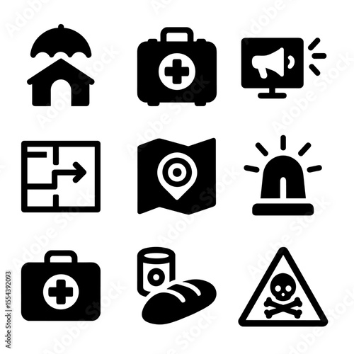 Emergency Preparedness Icons. Solid, filled icons set of emergency preparedness for impact: shelter icon,