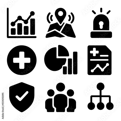 Emergency Icon Set. Solid, filled icons set of data-driven emergency response: data chart, smart map, digital