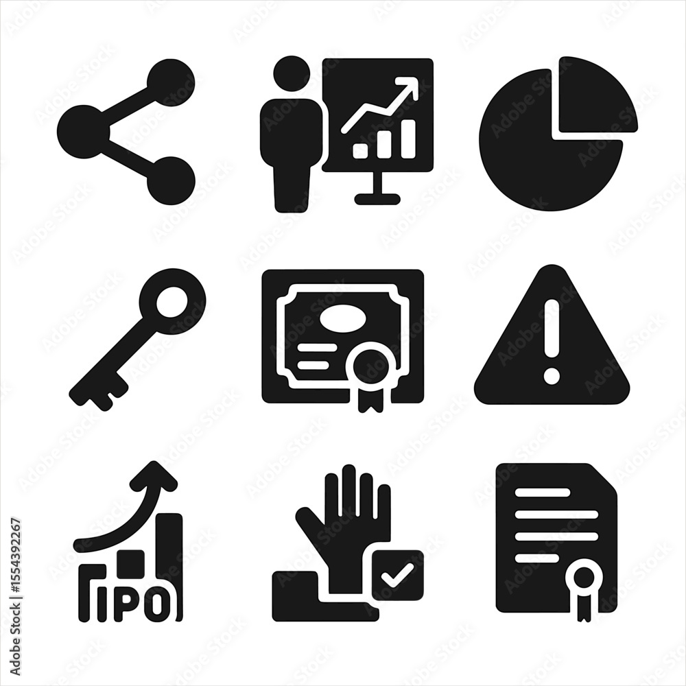 Equity Icons Grid. Solid, filled icons set of equity and shares: share icon, investor chart, split pie, Equity Icons Grid. Solid, filled icons set of equity and shares: share icon, investor chart, split pie,