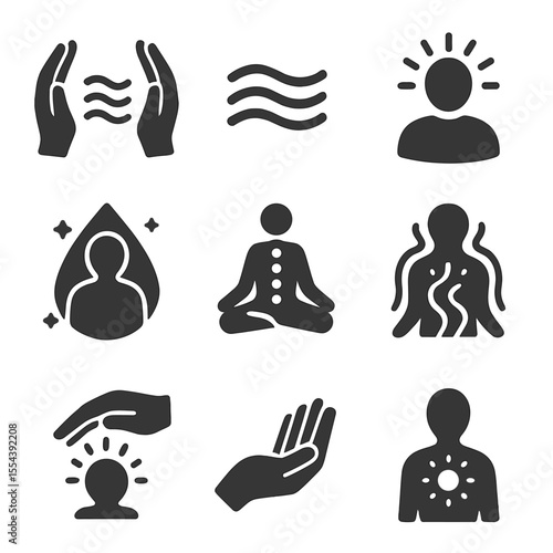 Energy Healing Icons. Solid, filled icons set of energy healing practices: reiki hands, energy wave, healing